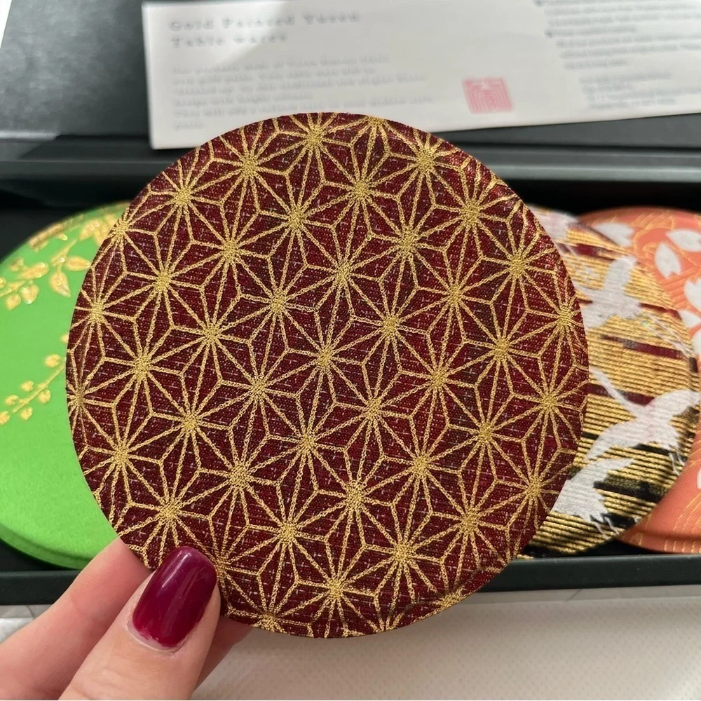 Japanese Coasters Gold Painted Yuzen Table Wares Kimono Fabric Coasters